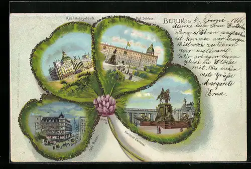 Passepartout-Lithographie Berlin, Café Bauer, Reichtagsgebäude, Kgl. Schloss, Vierblattklee