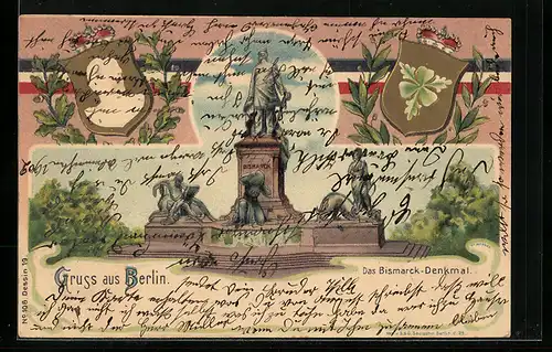 Lithographie Berlin, Wappen mit Portrait Bismarcks, Partie am Bismarckdenkmal