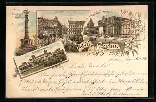 Vorläufer-Lithographie Berlin, 1895, Siegesdenkmal auf Königsplatz, Kroll`s Etablissement, Cafe Bauer Unter den Linden