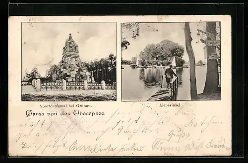 AK Berlin-Grünau, Gruss von der Oberspree, Sportdenkmal bei Grünau, Liebesinsel