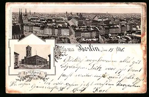 Lithographie Berlin, Rathhaus und Stadtpanorama