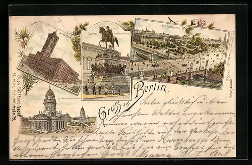 Lithographie Berlin, Rathaus, Denkmal Friedrich des Grossen, Lustgarten, Gendarmenmarkt