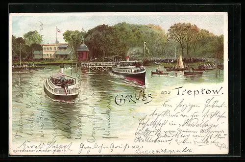 Lithographie Berlin-Treptow, Bootspartie auf dem Fluss