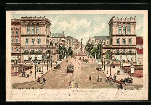 Lithographie Berlin-Kreuzberg, Strassenbahn am Halleschen Tor