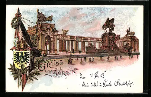 Lithographie Berlin, Passanten vor dem Nationaldenkmal