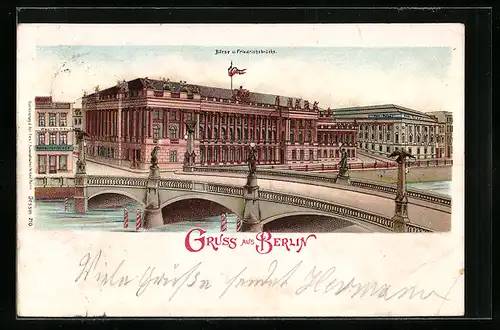 Lithographie Berlin, Börse, Friedrichsbrücke und Burgstrasse