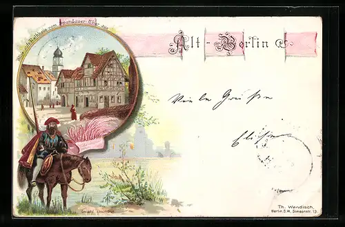 Lithographie Berlin-Treptow, Gewerbeausstellung 1896, Knappe auf Pferd, Rathaus