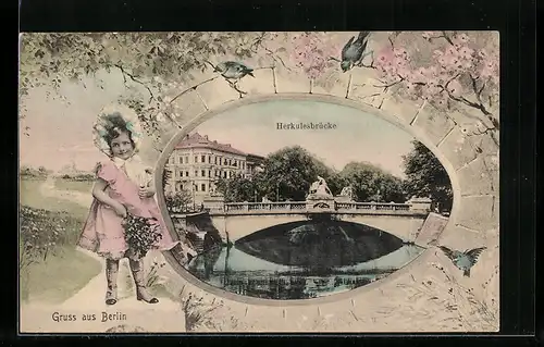 AK Berlin-Tiergarten, Herkulesbrücke, Kleines Mädchen mit Blumen