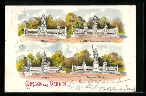 Lithographie Berlin, Statuen von Otto II., Albrecht d. Baer und Albrecht der II. Markgraf von Brandenburg