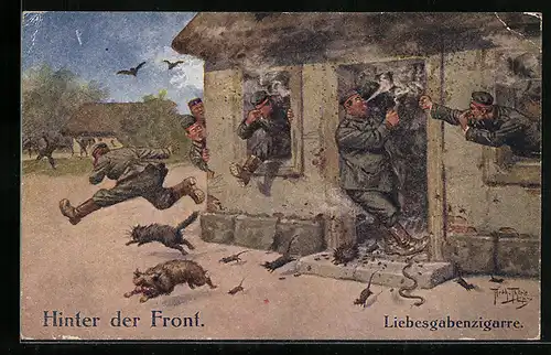 Künstler-AK Arthur Thiele: Hinter der Front, Soldaten und Tiere flüchten vor dem Rauch einer Liebesgabenzigarre