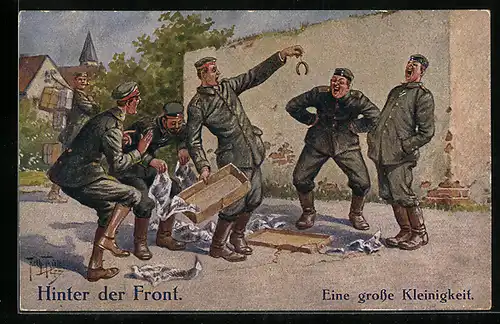 Künstler-AK Arthur Thiele: Hinter der Front, Eine grosse Kleinigkeit, Soldat in Uniform findet ein Hufeisen