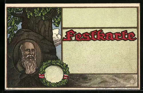 AK Festkarte, Portrait von Turnvater Jahn im Baum, Eichenkranz
