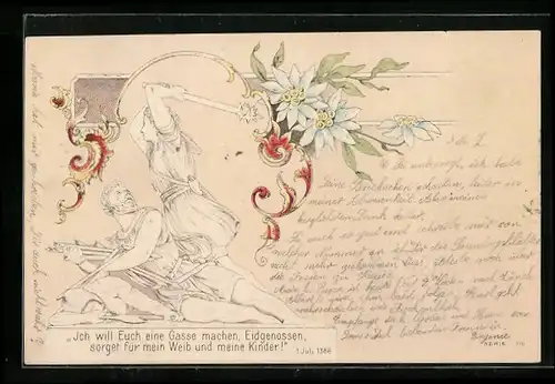 Präge-Lithographie Schweiz, Kämfende Krieger, Alpenblumen