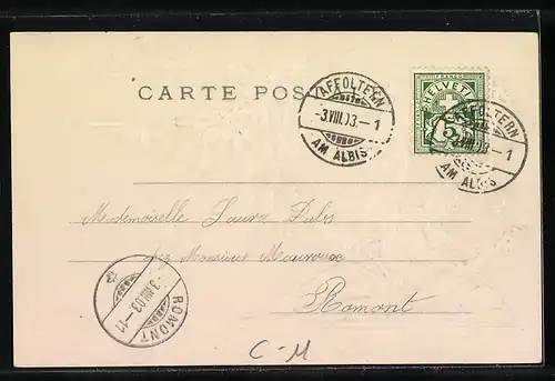 Präge-Lithographie Schweiz, Kämfende Krieger, Alpenblumen