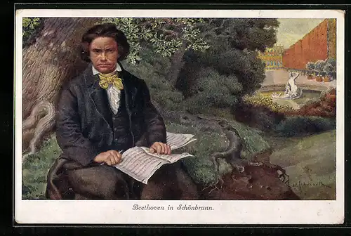 Künstler-AK H. Schubert: Wien, Komponist Ludwig van Beethoven im Park des Schloss Schönbrunn