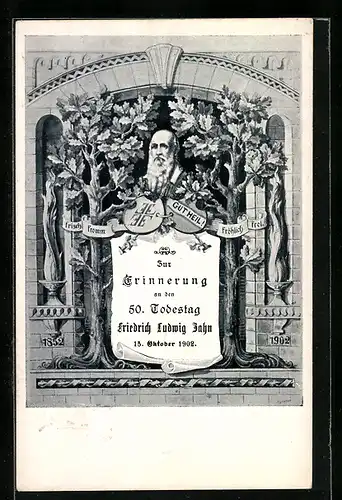 AK 50. Todestag Turnvater Jahn 1852-1902, Porträt, Turnerkreuz