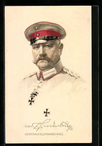 Künstler-AK Paul von Hindenburg in Uniform, AK-Reklame Hermann Schött AG Rheydt