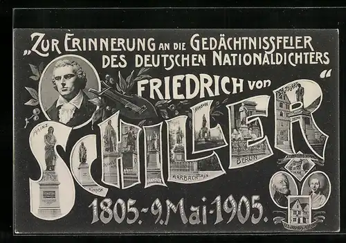 AK Friedrich Schiller, Gedächtnisfeier 1905, Buchstaben mit Motiven