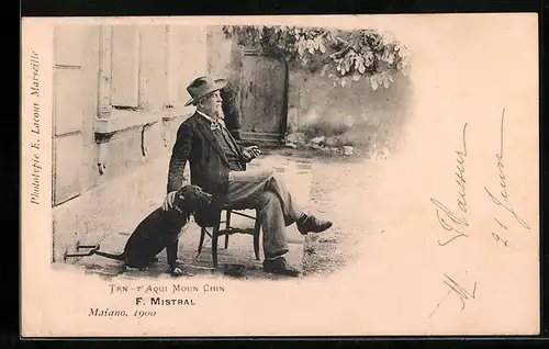 AK Tén - T`acqui moun chin, Frederic Mistral, Portrait mit Hund