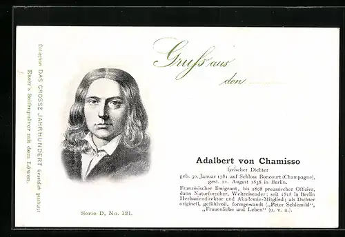 AK Adalbert von Chamisso, Portrait und Kurzvita