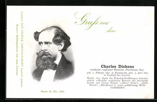 AK Charles Dickens, Portrait und Kurzvita