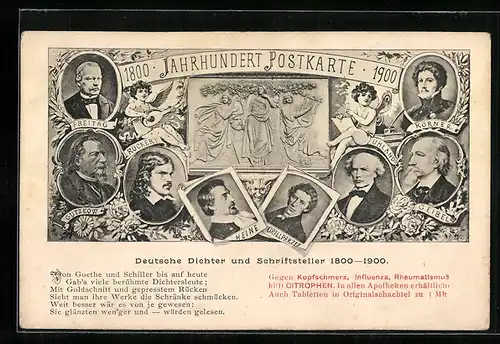 AK Deutsche Dichter und Schriftsteller 1800-1900, Portraits und Relief