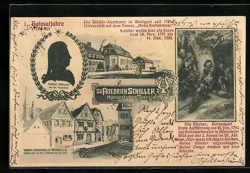 AK zum 100. Todestag Schillers am 9. Mai 1905, Geburtshaus und Szene aus Die Räuber