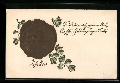 Präge-AK Schiller, Seitenportrait mit Lorbeerkranz, Eichenlaub, Zitat