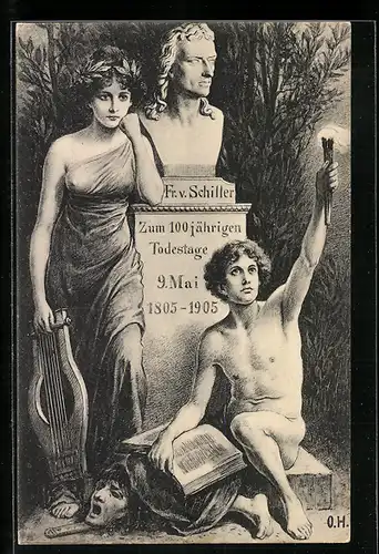 AK Friedrich Schiller, 100jähriger Todestag 1905, Büste mit allegorischen Figuren