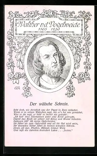 Künstler-AK Walther von der Vogelweide im Portrait, geschmückt mit Lorbeer