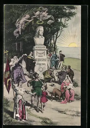 AK Menschengruppe vor dem Schillerdenkmal zum einhundertsten Todestag, 1905