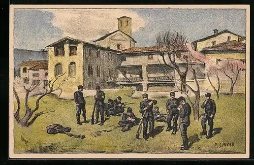 Künstler-AK Schweizer Soldaten pausieren auf der Wiese