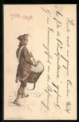 Lithographie Soldat der Schweizer Armee, Trommler, 1798-1898