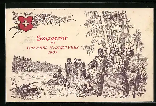 AK Grandes Manoeuvres 1903, Soldaten an einem Fluss, Schweizer Wappen