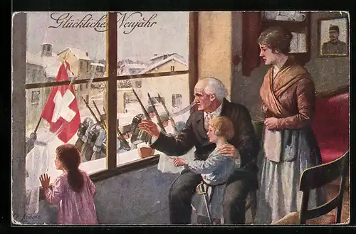 AK Familie schaut schweizer Soldaten beim Aufbrechen zu