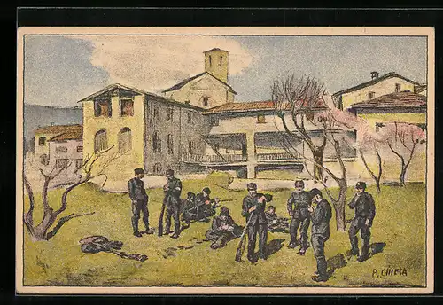 Künstler-AK Schweizer Soldaten pausieren auf der Wiese