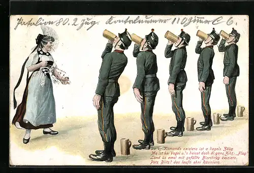 AK schweizer Soldaten trinken Bier um die Wette und werden von einer jungen Frau in Tracht angefeuert