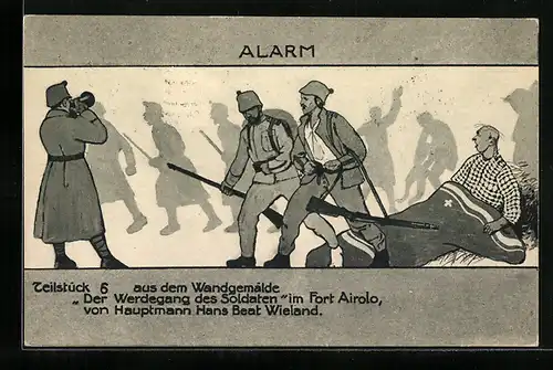 Künstler-AK Airolo, Teilstück aus dem Wandgemälde Der Werdegang des Soldaten im Fort Airolo, Alarm