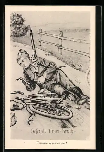 AK Soldat der Schweizer Armee nach einem Sturz mit dem Fahrrad