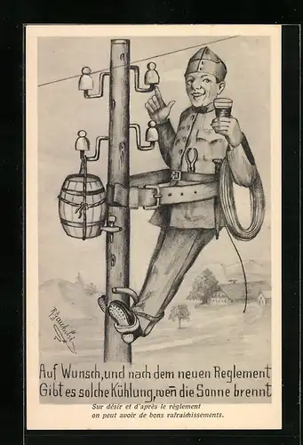 AK Soldat der Schweizer Armee geniesst ein Bier auf einem Telegraphenmast