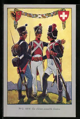 AK Genève, Centenaire de la Réunion 1914, Drei Soldaten, Wappen