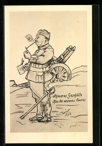 AK Soldat der Schweizer Armee mit schwerem Geschütz, Karikatur