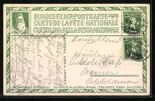 Künstler-AK Schweizer Bundesfeier 1917, Mann und Frau auf einer Wiese, Ganzsache
