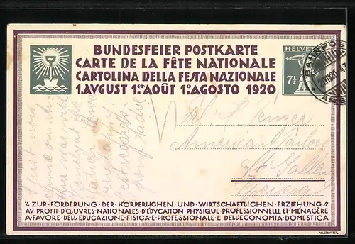 Künstler-AK Schweizer Bundesfeier 1920, Männer und Frauen bei der Feldarbeit, Ganzsache