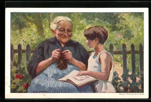 Künstler-AK Schweizer Bundesfeier 1928, alte Frau beim Stricken, Knabe liest aus einem Buch vor, Ganzsache