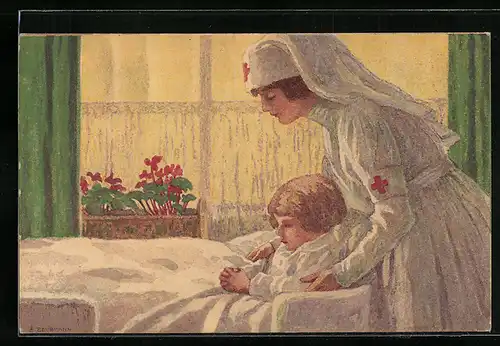 Künstler-AK Schweizer Bundesfeier 1921, Krankenschwester des Roten Kreuzes mit krankem Kind, Ganzsache