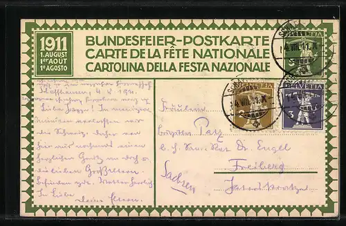 Künstler-AK Schweizer Bundesfeier 1911, Szene aus einer Schlacht, Ganzsache