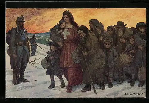 Künstler-AK Schweizer Bundesfeier 1915, Frau begleitet Flüchtlinge durch den Schnee, Ganzsache