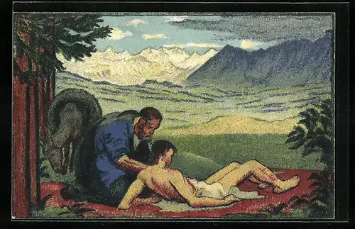 AK Schweizer Bundesfeier 1917, Mann versorgt einen verletzten Jungen, Ganzsache