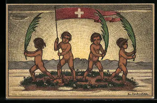Künstler-AK Schweizer Bundesfeier 1916, vier nackte Kinder mit Schweizerfahne und Palmwedeln, Ganzsache